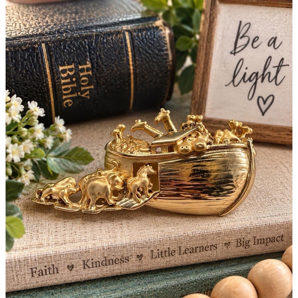 VTG AJC Noah's Ark figural Brooch pin 3" Religious Jewelry Animals 2x2 Gold Tone